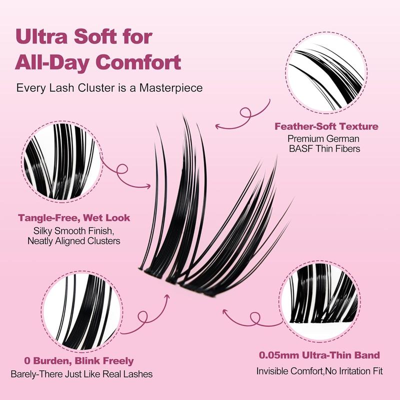 640 Pcs Lash Clusters Kit, Eyelash Clusters Individual Lash Extension Kit D Curl Fluffy Wispy False Eyelashes Extensions Thin Band with Bond Seal Tweezers Brush Removers (30D+40D+50D+60D KIT 8-16mm)