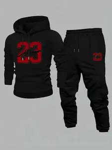 Men's Plus Size Hoodie Set, Digital Print Drawstring Long Sleeves Hooded Sweatshirt and Long Pants, Casual Comfortable Two-Piece Outfit