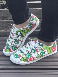 Women's Cartoon Christmas Print Lace Up Low Top Sneakers, Casual Comfortable Breathable Sports Shoes, Female All-match Round Toe Shoes for Daily Wear