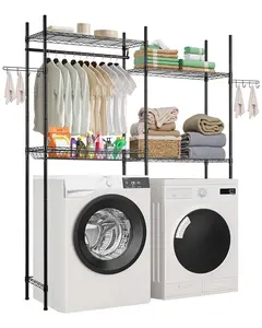 Over The Washer And Dryer Storage Shelf, 4 Tier Laundry Room Drying Rack With Hanger Rod And Hooks, Adjustable Over Washer And Dryer Shelves, Space Saving Laundry Room Organizer For Small Spaces, Black