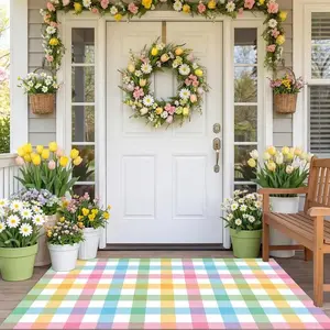 Spring Garden Outdoor Decorative Door Mat, Floor Mat, Colorful Plaid Carpet, Macaron Plaid Pattern Design, Soft Washable Rug for Outdoor Garden Entrance Stairs