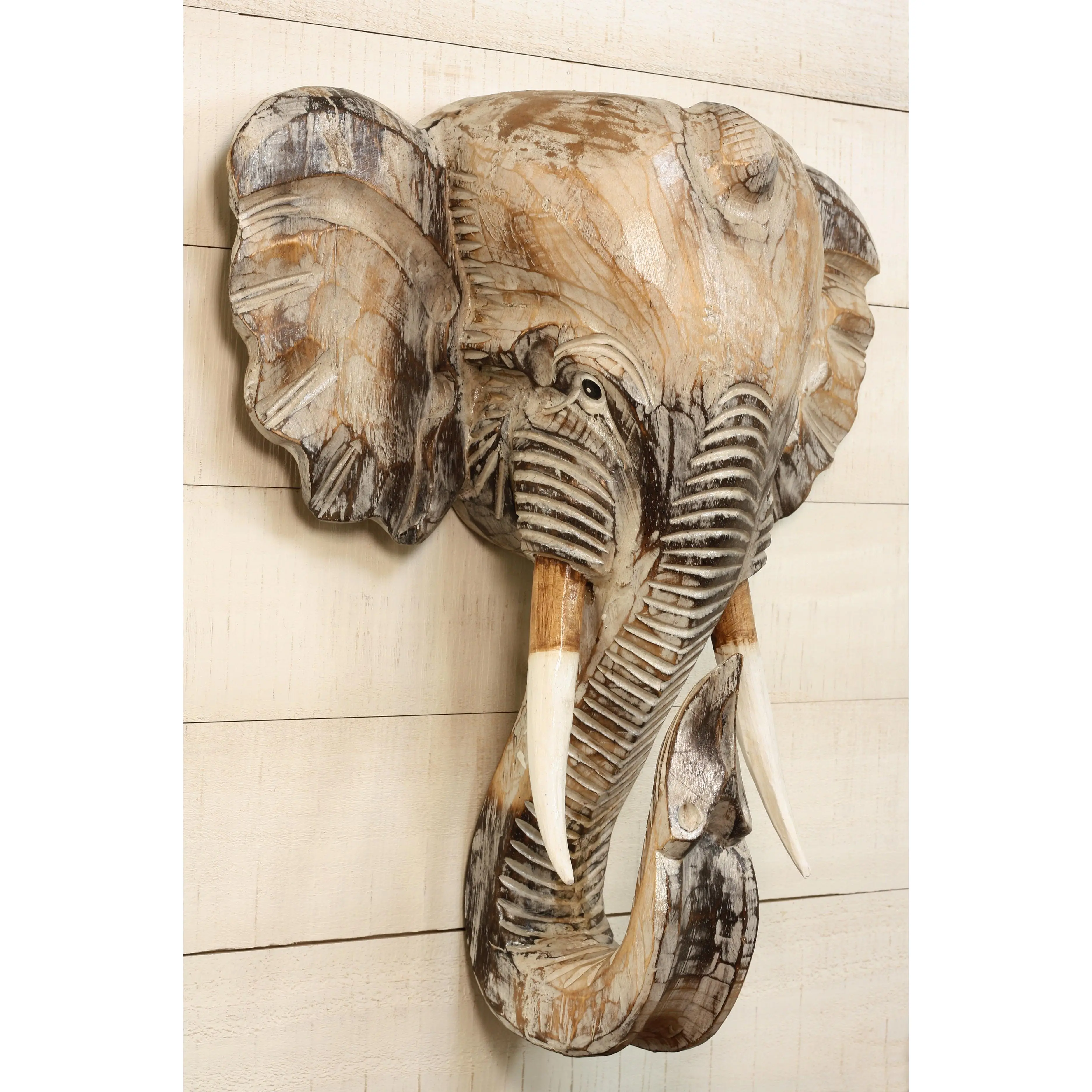 Wooden Elephant Bust Wall Statue Sculpture Hanging Home Decor Hand Carved Handmade Accent Decoration Wood