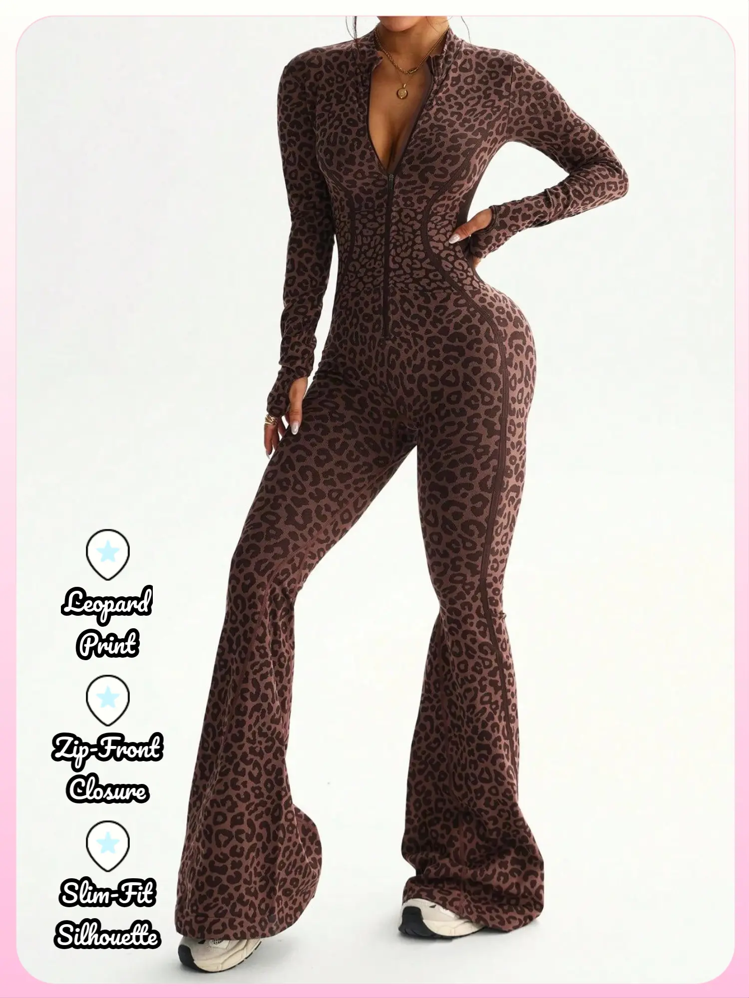 Female Western Look Slim-Fit Full-Length Leopard Print Zip-Front Yoga Jumpsuit - Sports & Outdoor Workout Wear Bodysuit