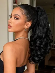 Synthetic Curly Drawstring Ponytail Hair Extensions 14 Inch Loose Wave Black Natural Looking Heat Resistant Fiber Hairpiece for Women Daily Use