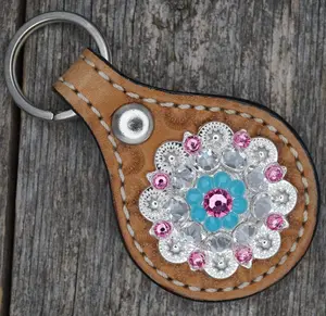 Light Oil Key Chain with Turquoise and Pink European Crystal Concho