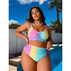 Plus Size Rainbow Bikini Set - Women's Knitted Swimsuit, High Waist Two Piece Bathing Suit For Summer, Curve & Casual Beach Wear, Vibrant Colorblock Design