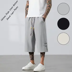 SHISNYIY Men's Classic Chinese Style Aesthetic Linen Capri Pants, Mid-Waist Baggy Wide-Leg Cropped Shorts, Adjustable Drawstring, Frog Button Cuff Decoration, Elegant Breathable Lightweight Summer Streetwear Trousers with Pockets