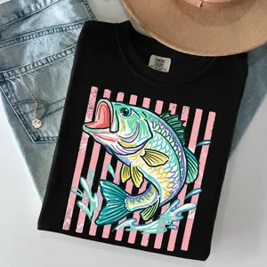 Comfort Colors Retro Bass Fish Shirt, Pastel Fishing Graphic Tee, Preppy Coastal Lake Aesthetic T-Shirt, Summer Fishing Outfit, Large Mouth Bass Angler Gift Gift For Her, Cotton Fabric