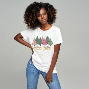 Crewneck T-Shirts Merry Christmas-Multi Color Christmas Trees Cotton Top