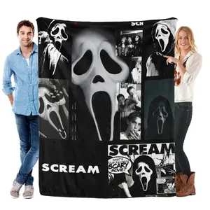 Scream Horror Collage Christmas Gift Flannel Blanket Featuring Iconic Ghostface Mask Movie Scenes & 'SCREAM' Branding Soft Striking Festive Present for Horror Fans