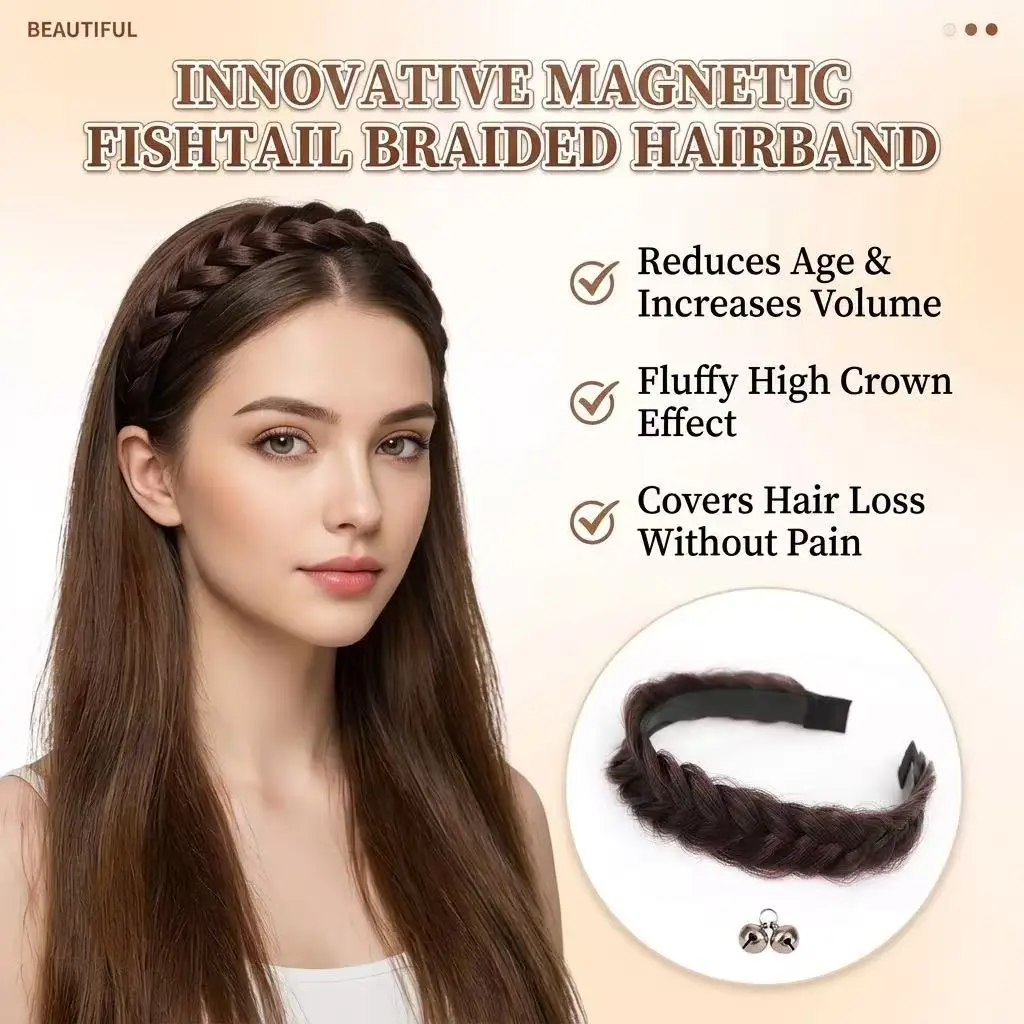 Koni Women’s Wig Braids – Magnetic Fishbone Braid with Velcro Headband, Integrated Long Braided Hair Accessory, Trending Style