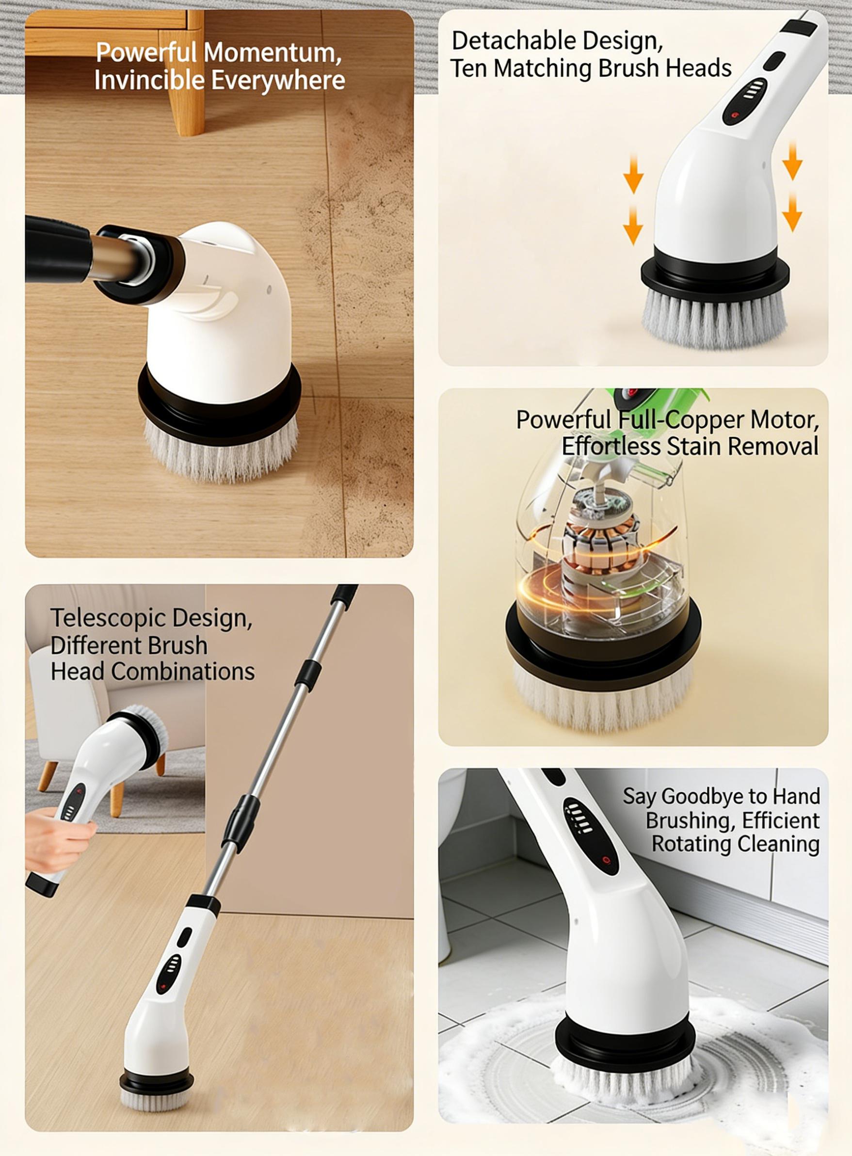 Cordless Electric Spin Scrubber, Rechargeable Power Scrubber with 10 Replaceable Brush Heads & Extendable Handle, Cordless Cleaning Brush for Bathroom, Floor, Tile, Grout, Kitchen, No Bending