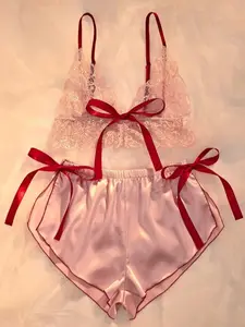 Women's Lace Cami Top & Tie-Side Shorts 2-Piece Lingerie PJ Set