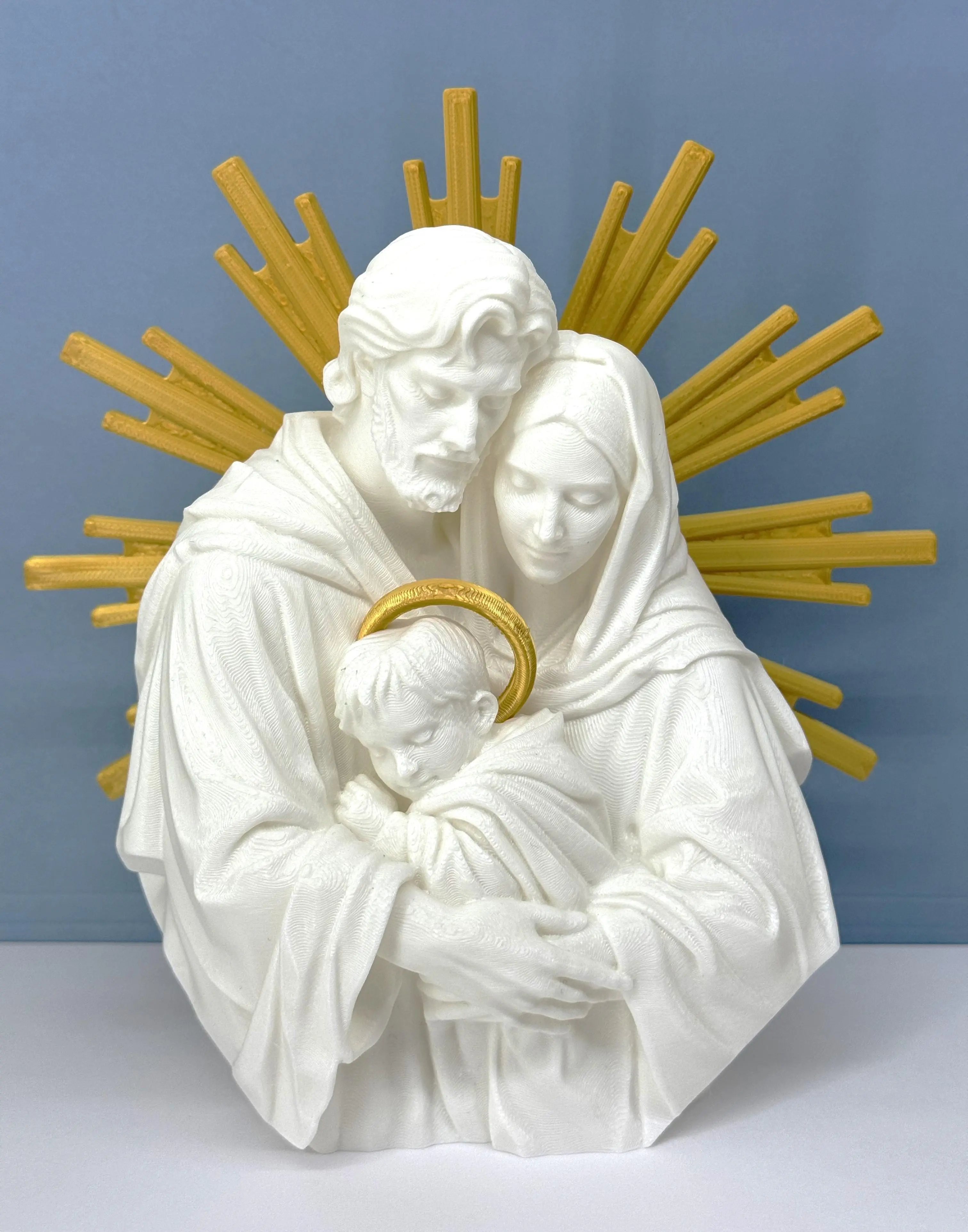 Holy Family Statue, 3D Printed Nativity Scene Indoor, Center Piece of Christmas Collection, Religious Gift Catholic Altar Decor, Gold Sunburst Halo