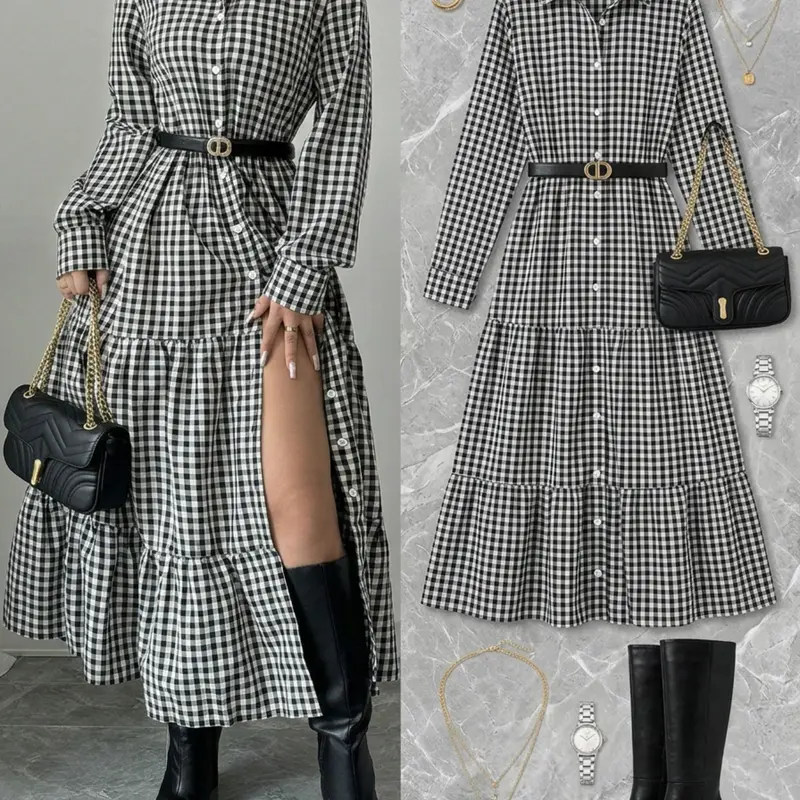 Women's Plaid Print Ruffle Trim Dress, Elegant Fashion Casual Everyday Wear A Line Dress for Daily Outdoor Wear, Women Dress for Fall & Winter, Casual Fashionable Dress, Dresses for Women