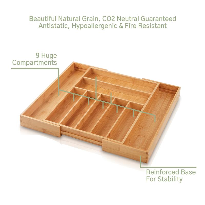 Expandable Bamboo Drawer Organizer With Dividers, Adjustable Storage Box For Kitchen Utensils, Cutlery, Knives, And Stationery, 17.5" x 13" x 2"