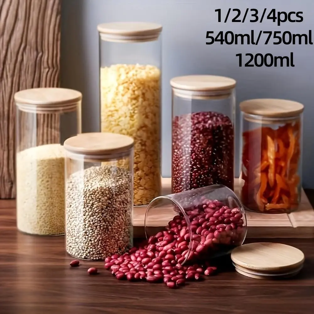 Glass Storage Jar with Wooden Lid, 1/2/3/4 Counts Clear Container, Organized Food Storage Box for Spice, Tea, Coffee, Seasoning Jars Containers, Candy, Cookie, Glass Kitchen Canisters, Home Organization Containers