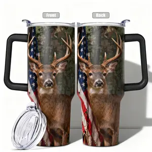 1pc, 40oz/30oz/20oz/14oz Stainless Steel Cup Deer and American Flag Double Wall Vacuum Insulated Cup, Leakproof Lid & Carry Handle Travel Mug Tumbler for Outdoor Camping Hiking, Gift for Dad, Mom, Bro