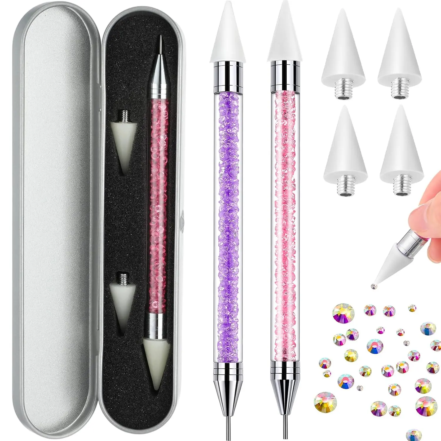Christmas Gift 2PCS Dual-Ended Stainless Steel Rhinestone Picker Pen - Nail Art Wax Tool for Apply Rhinestones, Precise Placement, DIY Manicure Decoration (Pink & Purple)