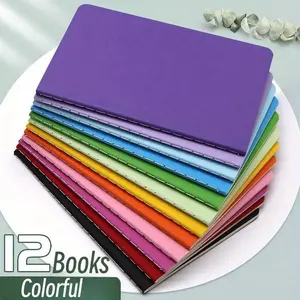 12 Piece A6 Plain Notebook Set, Simple Portable Notepad, Rainbow Color Stitched Book Cart Pocket Book, Horizontal Line Inside, 30 Sheets Per Book