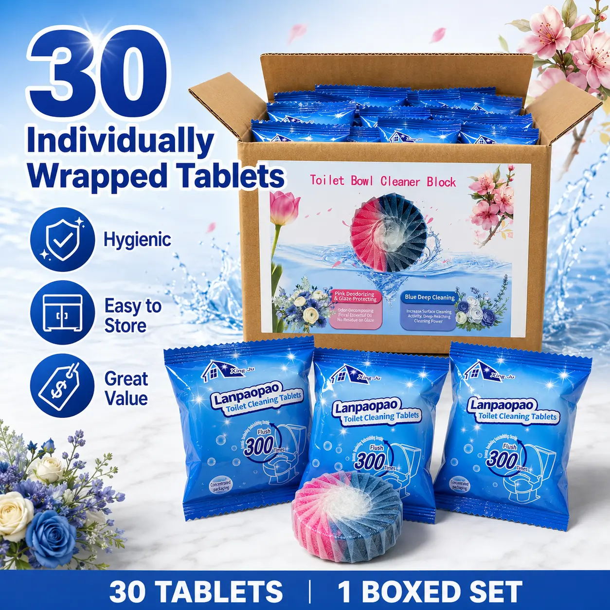 Septic-Safe Household Cleaning Toilet Drop-In Tablets, Continuous Clean Automatic Blue Bowl Cleaner, Removes Hard Water Minerals & Limescale, Offers Stain & Odor Protection (30 Pack)