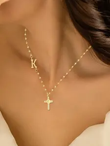 Women's Vintage Stainless Steel Initial Cross Name Engraved Pendant Necklace, Casual Style Lip Chain Design, Minimalist Chain, All Season Jewelry Gift for Her, Jewelry Accessory
