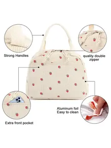 2026 New Corduroy Strawberry Print Lunch Bag, Large Capacity Food Preservation Pouch, Ideal for Outdoor Camping