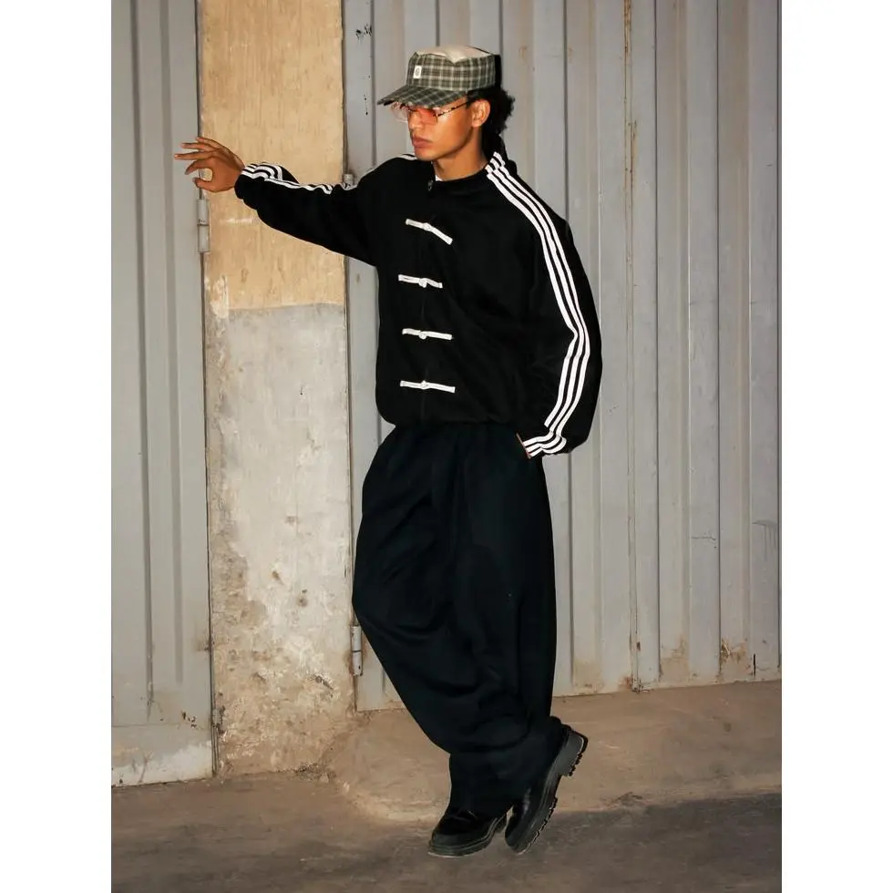 Retro Chinese Frog Button Stand‑Collar Suede Feel Zip‑Up Jacket Fall Fashion Streetwear Clean Fit