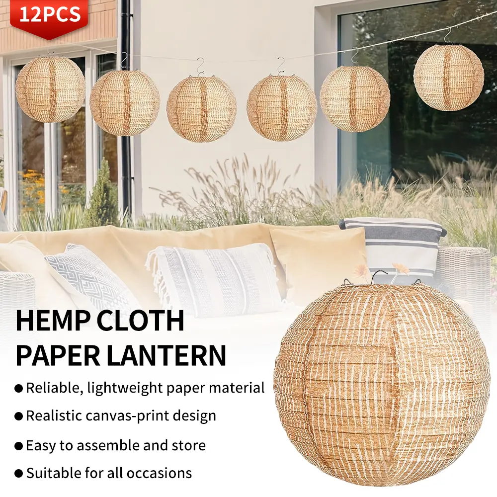 12 Pack 8 Inch Chinese Hanging Paper Lantern, Faux Burlap Print Boho Lantern, Foldable Rustic Farmhouse Decor for Wedding, Birthday & Classroom Party Lightweight Nature Hangable Ornaments Decoration Wooden