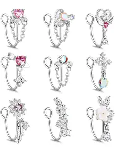 9PCS Fake Nose Rings Set for Women Girls African Dangle Nose Clip On Nose Rings Nose Cuffs Non Piercing Jewelry CZ Opal Heart Flowers Rings Nose Adjustable, Stainless Steel