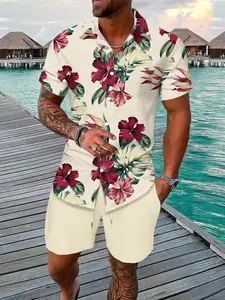 Two-piece Set Men's Floral Print Shirt & Shorts, Regular Fit Casual Shortsleeve Button Front Top & Shorts, Men's Summer Clothes for Beach Vacation, Menswear, Shorts Sets, Shorts Sets Outfits