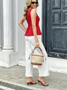 Athleisure Red Tie-Back Ruffled Tank & White Wide Leg Casual Pants Co-ord Set Sporty Baddie Red Tie-Back Waist-Cinched Tank & White Wide Leg Active Pants Two-Piece Set Lazy Active Red Tie-Back Tank & White Wide Leg Daily Athleisure Pants Co-ord Outfit