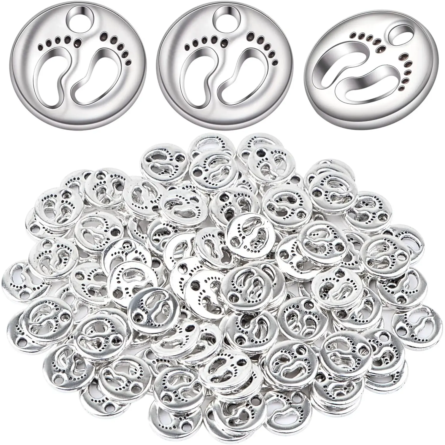 100 Pieces Antique Silver Small Foot Footprint Beads Charms Tibetan Alloy Feet Shape Print Dangle Pendants for DIY Bracelet Necklace Jewelry Making Findings