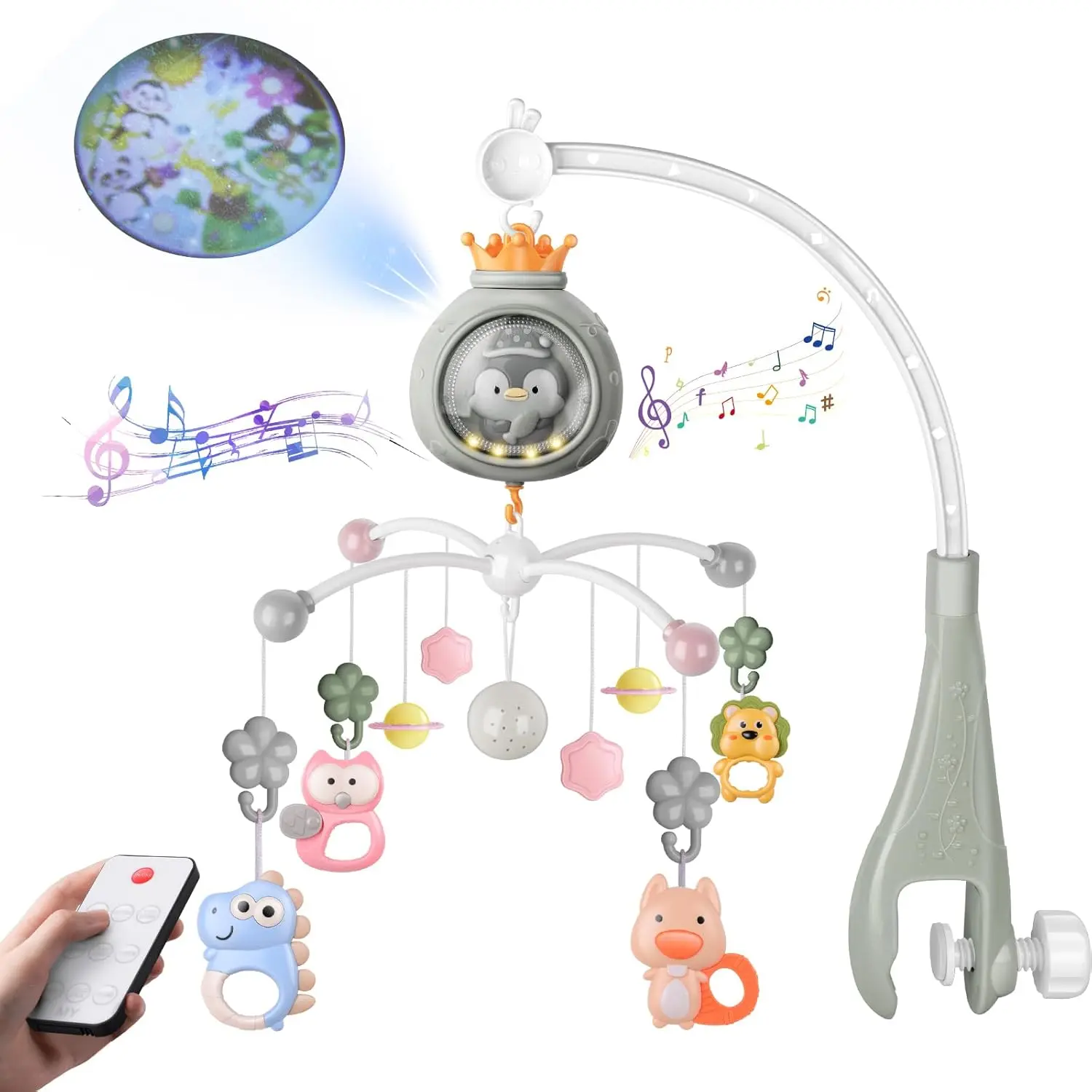 Baby Crib Mobile, Unisex Space Theme Nursery Decor with Music and Lights, Rotating Projector with Plush Hanging Toys, Portable Clip-On Arm for Cribs and Bassinets, Baby Entertainment