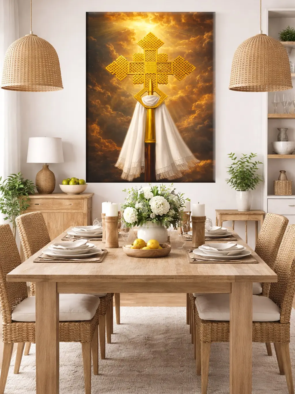 Holy Cross (መስቀል) Ethiopian & Eritrean Orthodox Canvas Print – Golden Heavenly Sky Christian Wall Art