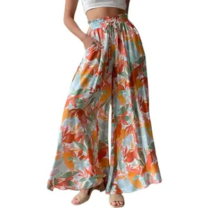 Women Summer Beach Vacation Pants High Waisted Wide Leg Pants Printed Loose Flowy Casual Palazzo Lounge Trousers