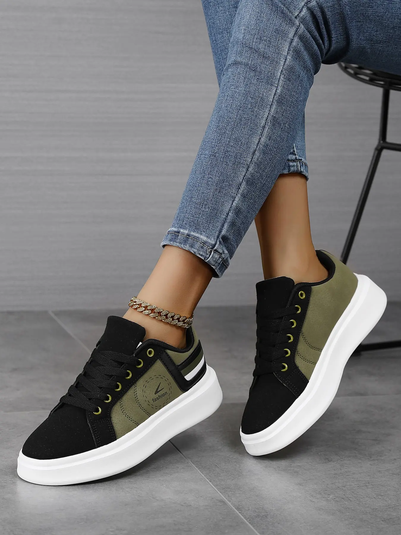 Women's Military Colorblock Skateboard Trendy Sneakers, Fashionable and Simple, Anti-Slip and Durable, Perfect for Streetwear and Casual Outing