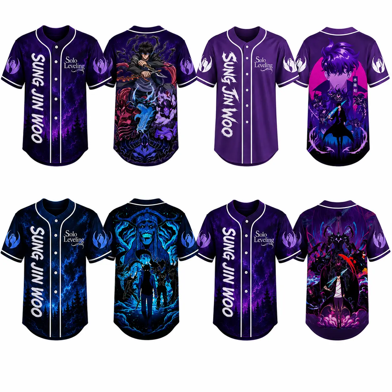 Solo Leveling Baseball Jersey | Sung Jinwoo Shadow Army Graphic Button Down Shirt | Action Manhwa Webtoon Fan Merch | Dark Purple Anime Streetwear | Perfect Gift for RPG Gamers & Readers