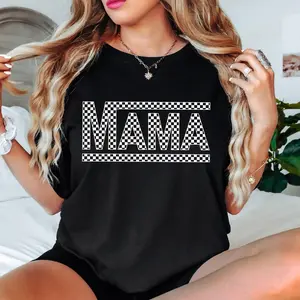 Cotton Short Sleeve T-Shirt Checkered Mama Tee - Mother’s Day T-Shirt with Checkered Pattern and Classic Round Design, Perfect Gift for Mom