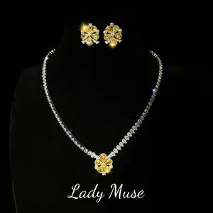 Yellow flower lab-created diamond set,925 silver# delicate and exquisite, 5 petal flower shape/full inset with shining gems, small size pearl/good looking,easy to match,full of details