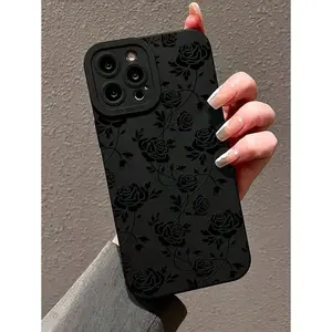 Flower 1pc Black Edge Phone Case With Floral Pattern, Personalized Design, Compatible With Iphone 16 Pro Max, 15, 14 Plus, 13, 12, 11 And Series Waterproof Shockproof Anti-Fall Scratch Resistant