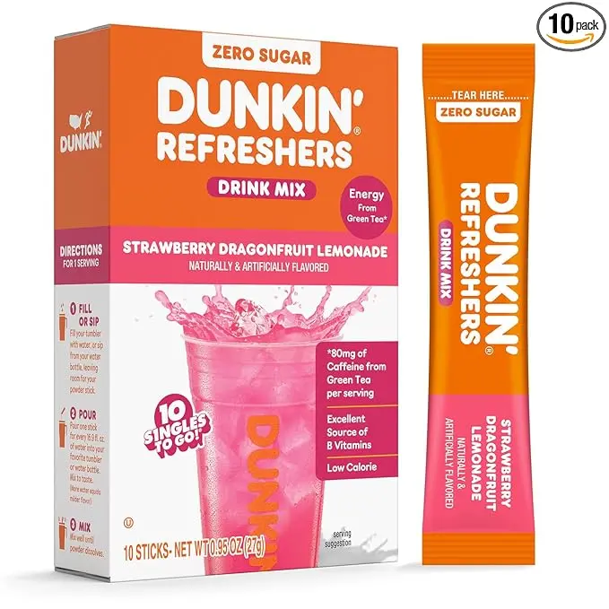 Dunkin Singles To Go Strawberry Dragonfruit Lemonade Refreshers Drink Mix, 10 Stick Pack, 0 Sugar, Green Tea Extract, 80mg Caffeine, B Vitamins, Gluten Free, Aspartame Free Beverage Powder