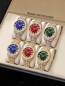 Men's Fashion Rhinestone Decorated Analog Quartz Watch, Fashionable Party Watch, Fashion Watch Set for Party, Daily Decor, Trendy All-match & Exquisite Watch Set for Birthday Gift