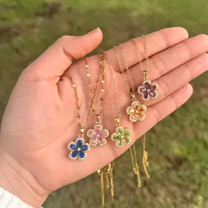 18k Cherry Blossom Necklace  - Gold-Tone Floral Pendant Necklace with Colorful Accents