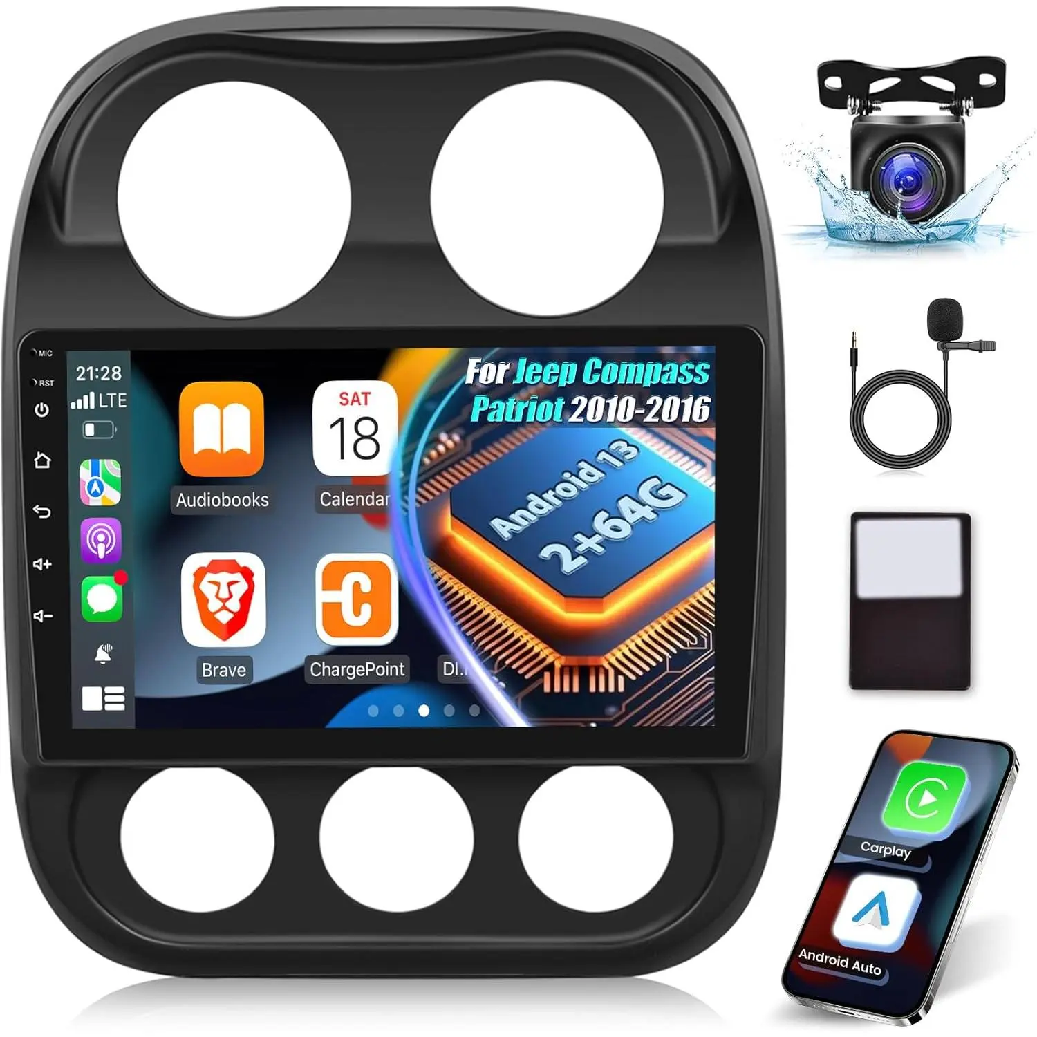 RIMOODY Automotive Android Touchscreen Car Radio for Jeep Compass/Patriot 2010-2016, 10.1in 2G+64G Stereo with CarPlay Compatibility, Android Auto, DSP Audio, 1080P, SWC, Bluetooth, WiFi, Father's Day Gift