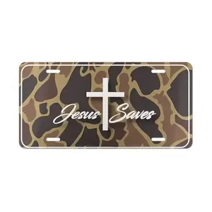 "Jesus Saves" Christian License Plate - Camo Cross Religious Car Tag - Durable Aluminum Wall Sign - 12x6 Inch Easy Mounting Faith Decor