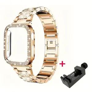 Suitable for Apple Watch Ultra/Ultra2 10//8/7/6/5/4/3/2/1/SE Starry Sky Water Full Diamond+Double Row Diamond Fashionable and Beautiful Shining Watch Case Strap+Case 38/40/41/42/44/45/49mm