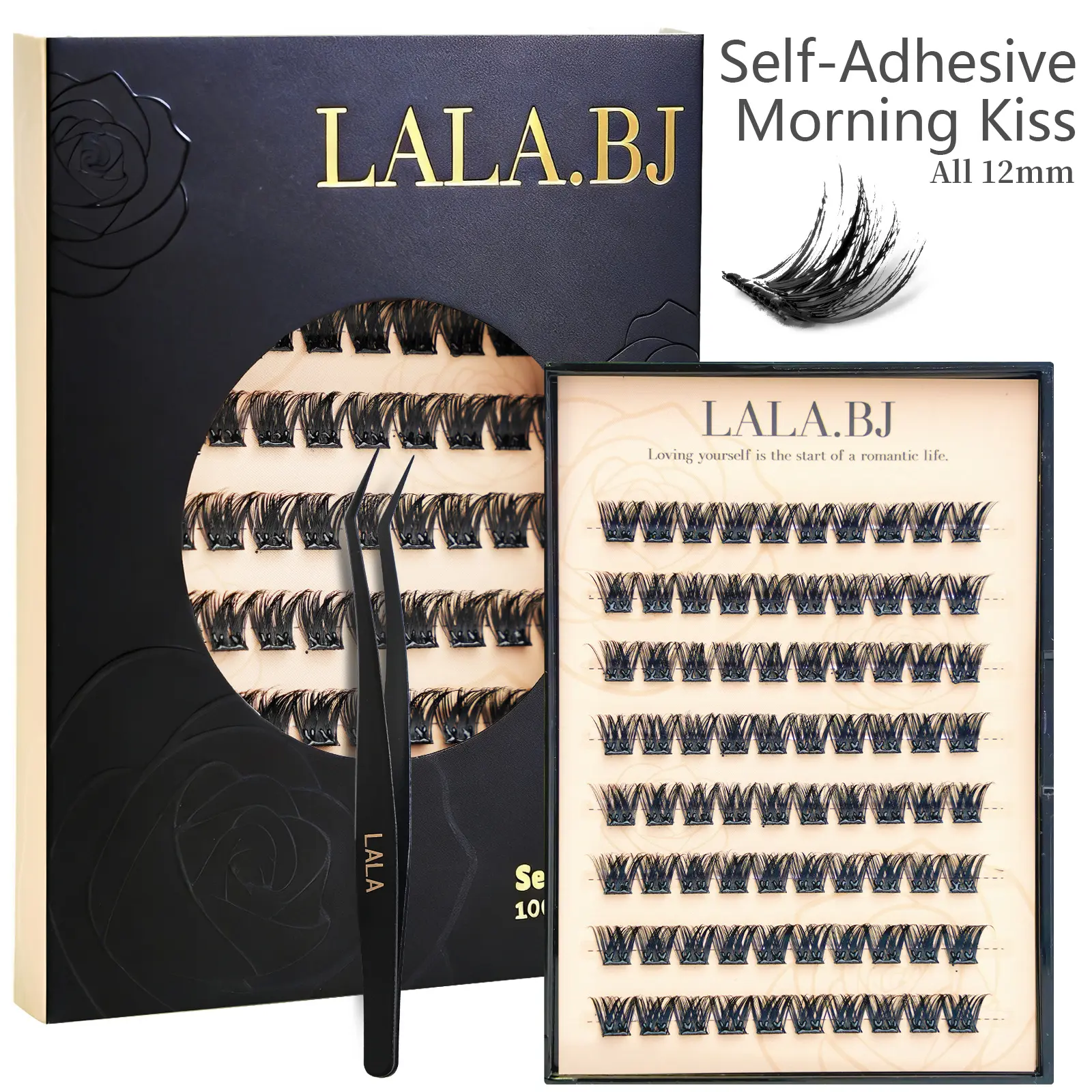 【Morning Kiss】LALA DIY Eyelashes All 12 MM Self Adhesive Lash Clusters Pre glued Eyelash Clusters No Glue Needed Lashes  CC-curly Cluster Eyelash extensions Individual Lashes Curler Convenient Use