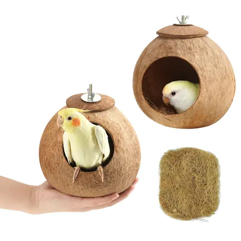 2-Pack Natural Coconut Shell Bird Nesting Beds, 5.2" Shell Size, 2.4" Entry Access, Bird Cage Accessory, Easy Install with Screws and Nuts, Hang or Place Easy, Nature Mimicry Hideaway for Parrots