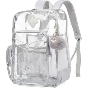 Clear Backpack for School Girls Women, Boys  Heavy Duty PVC Transparent Backpacks See Through Clear Bookbags Light Grey
